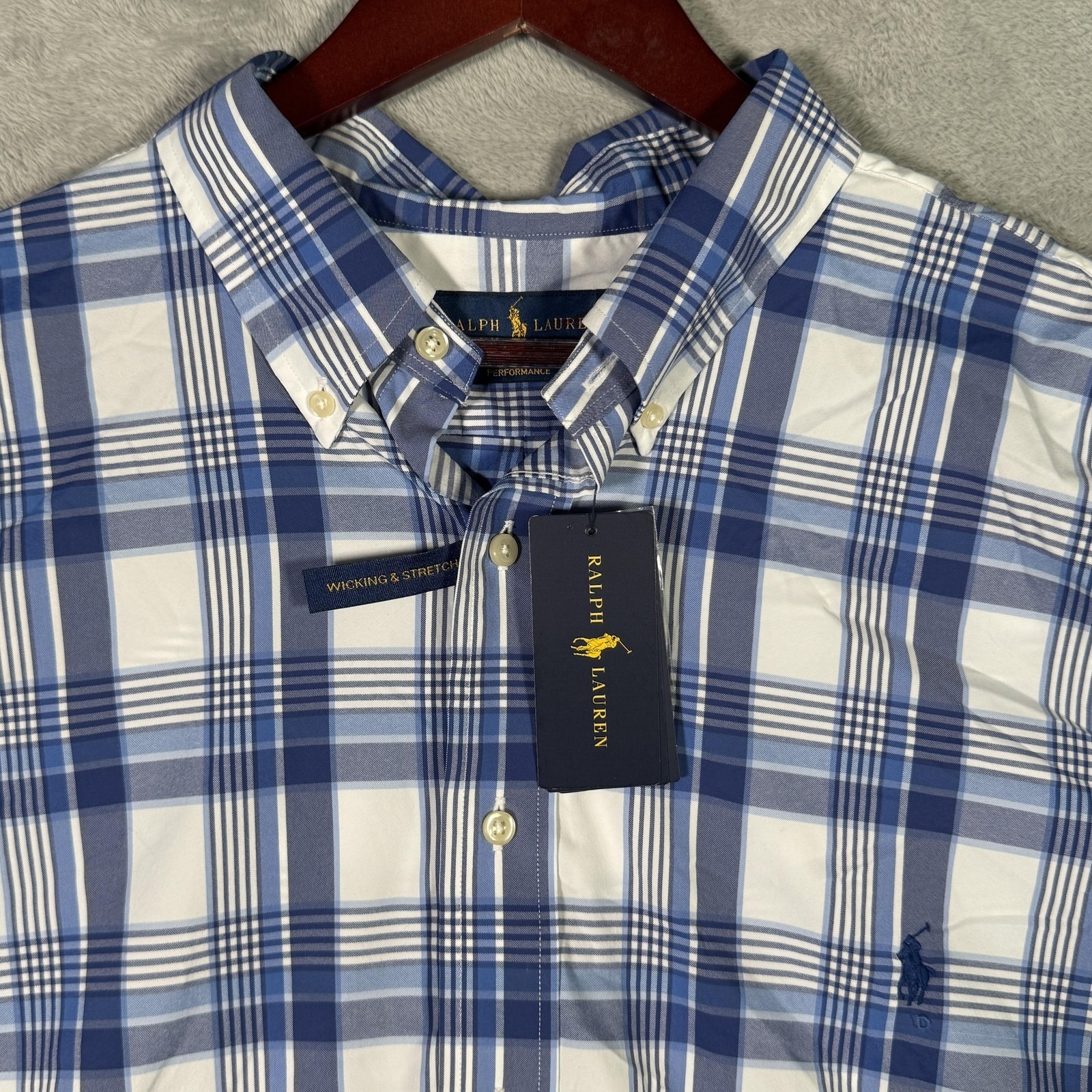 Ralph Lauren Shirt Mens 2xb 2xl Big Blue Plaid Performance Stretch Button Down
